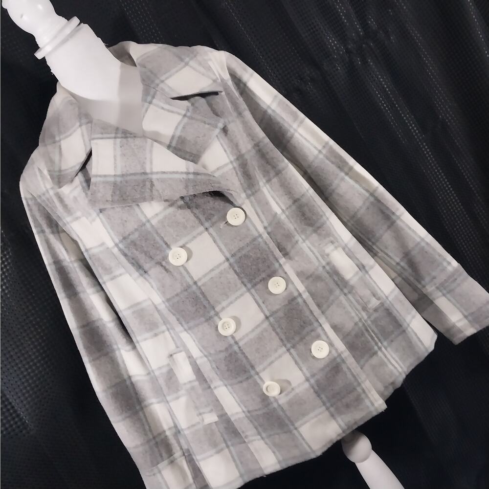 Old Navy Gray and White Plaid Pea Coat